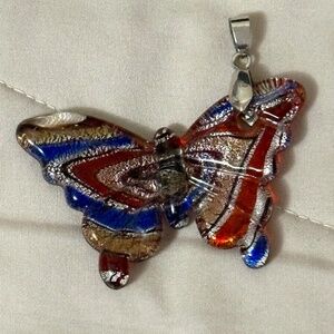 925 Sterling Silver Moreno Glass Butterfly Pendant Red/Silver/Blue/Gold/Brown